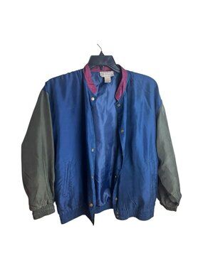 Vintage Silk Exchange Jacket Medium Green Maroon Blue Silk Bomber